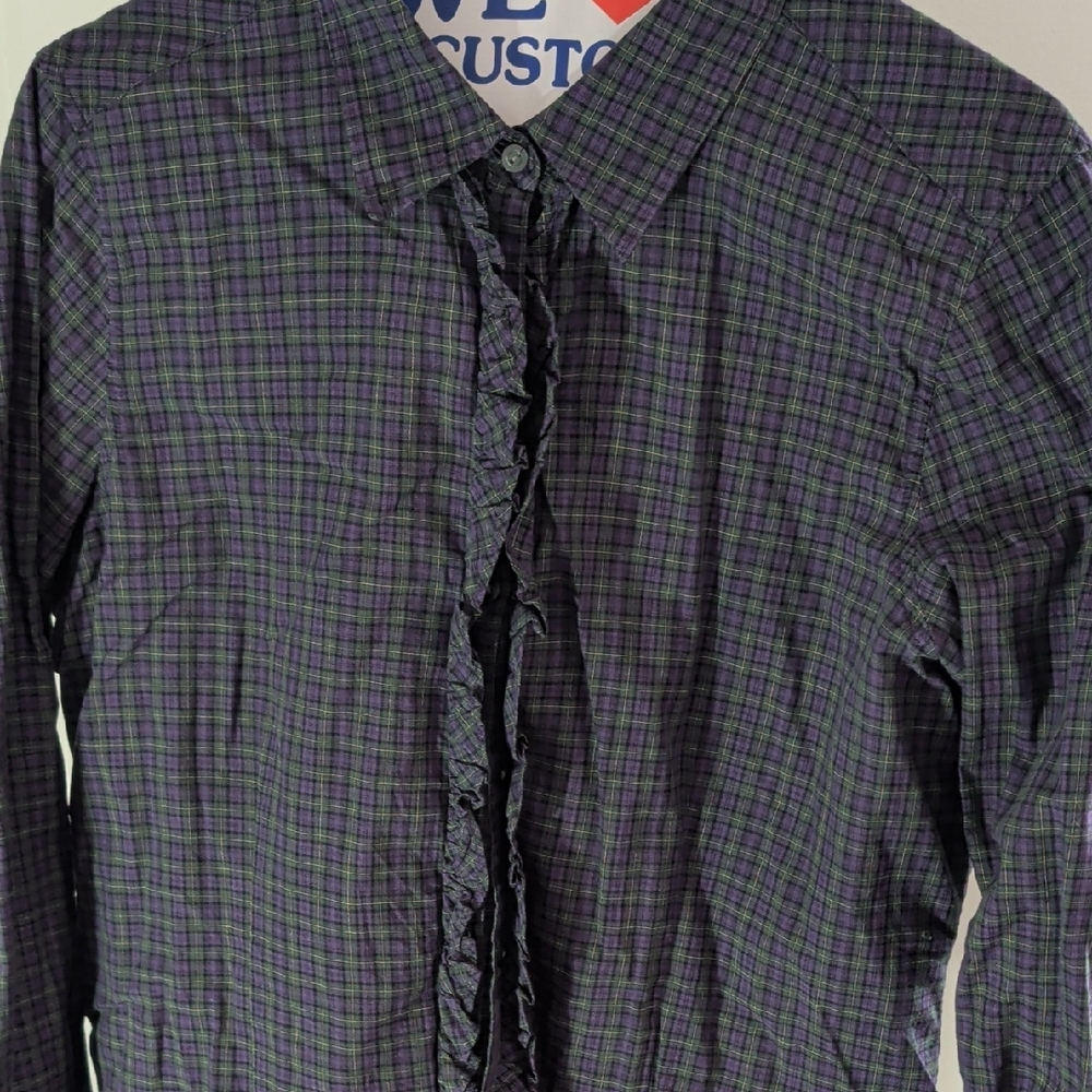 Eddie Bauer Women's Purple and Green Plaid Button Down Shirt